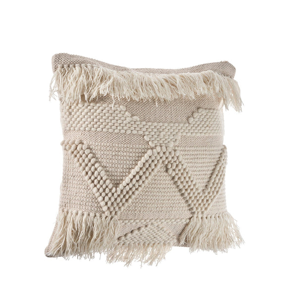 Textured and Fringe Ivory Throw Pillow  Square