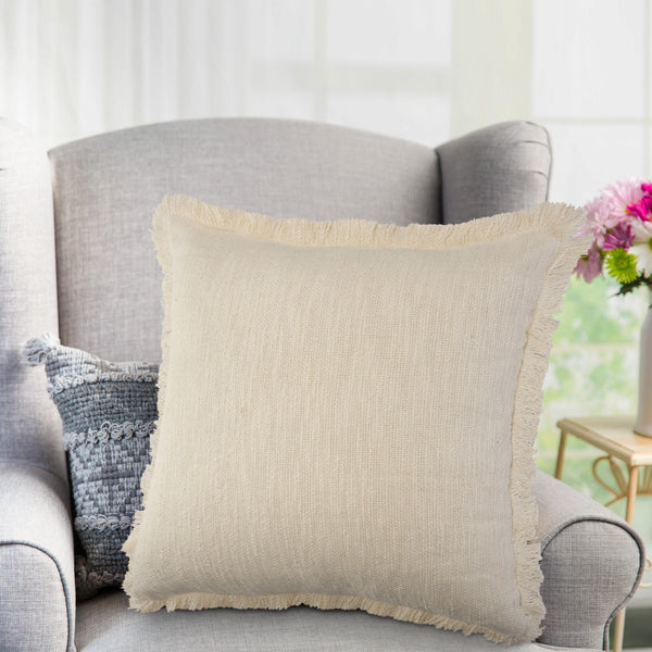 Unique Neutral Solid Cotton Throw Pillow with Fringe Square