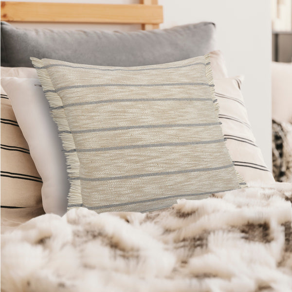 Coastal Cottage Minimalist Striped Throw Pillow with Fringe Square