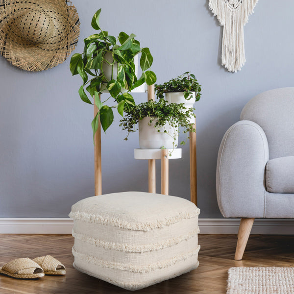 Cream Striped Hand Woven Organic Cotton Ottoman Pouf