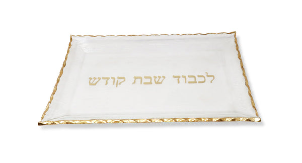 Challah - Glass Large Tray with Gold Print