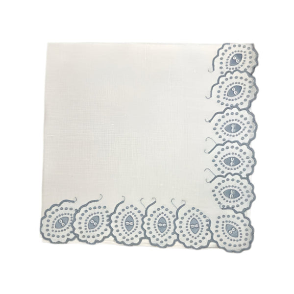 Feather - Embroidered Corner Napkin White / Blue