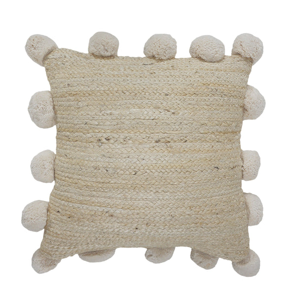 Natural Jute Throw Pillow with Pom Poms Border Square