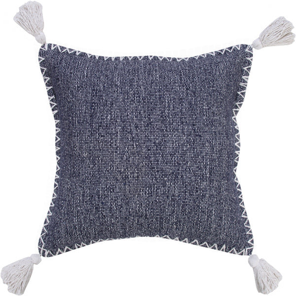 Solid Stonewash Boho Farmhouse Embroidered Edge Throw Pillow with Tassels Mood Indigo