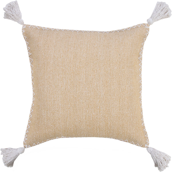 Solid Stonewash Boho Farmhouse Embroidered Edge Throw Pillow with Tassels Spicy Mustard